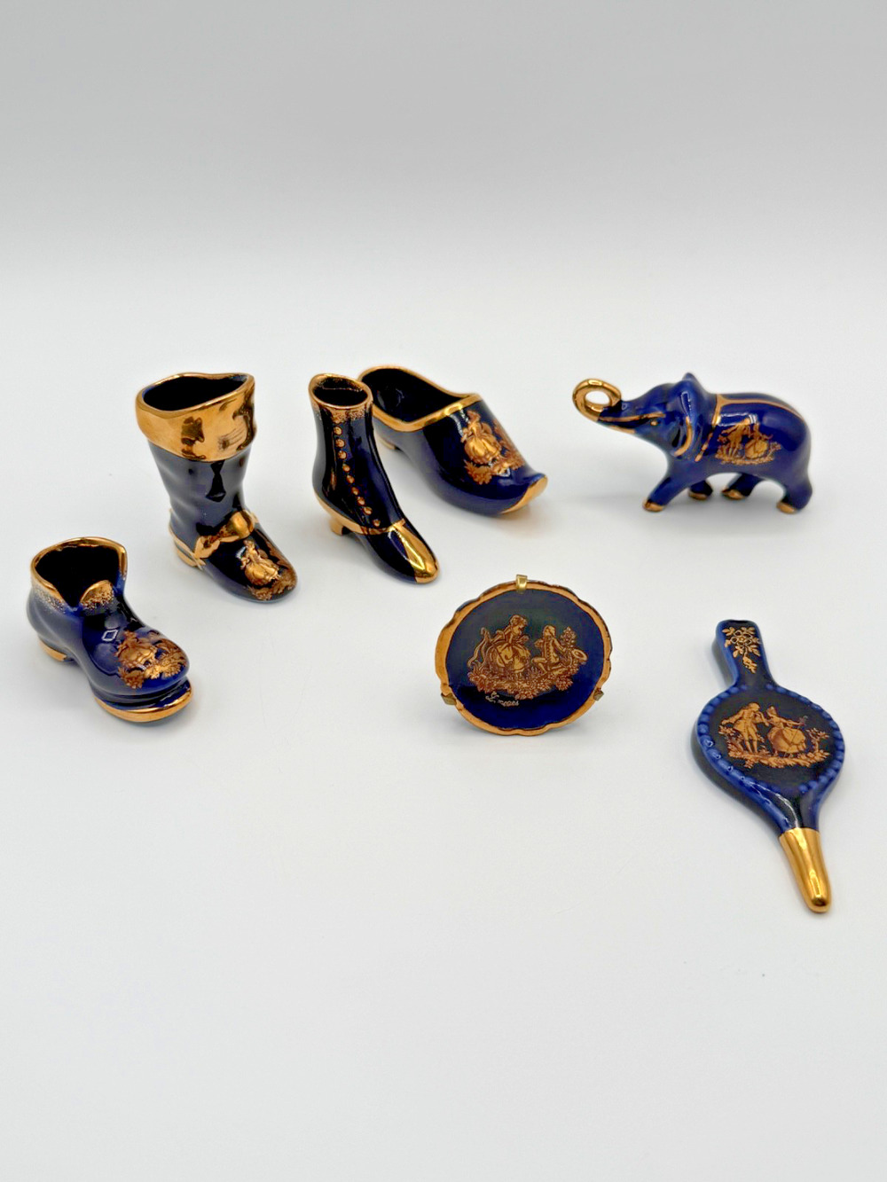 Vintage Limoges France Miniature Porcelain Lot 7 Cobalt Blue Gold Shoes 22K